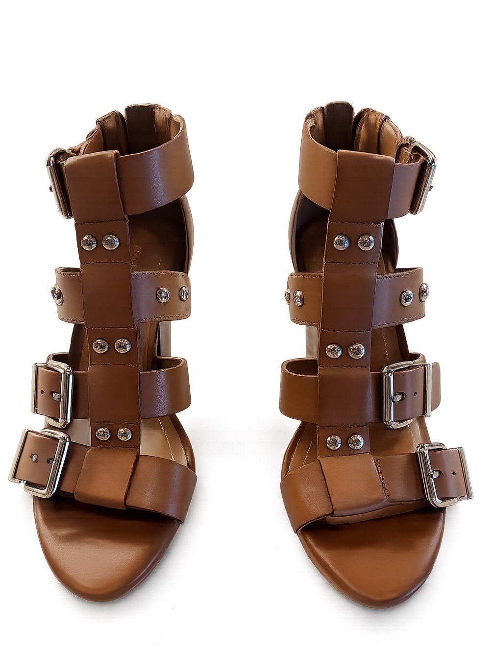 BCBGeneration Fizzy Cognac Leather Studded Buckle Heeled Sandals NWOT